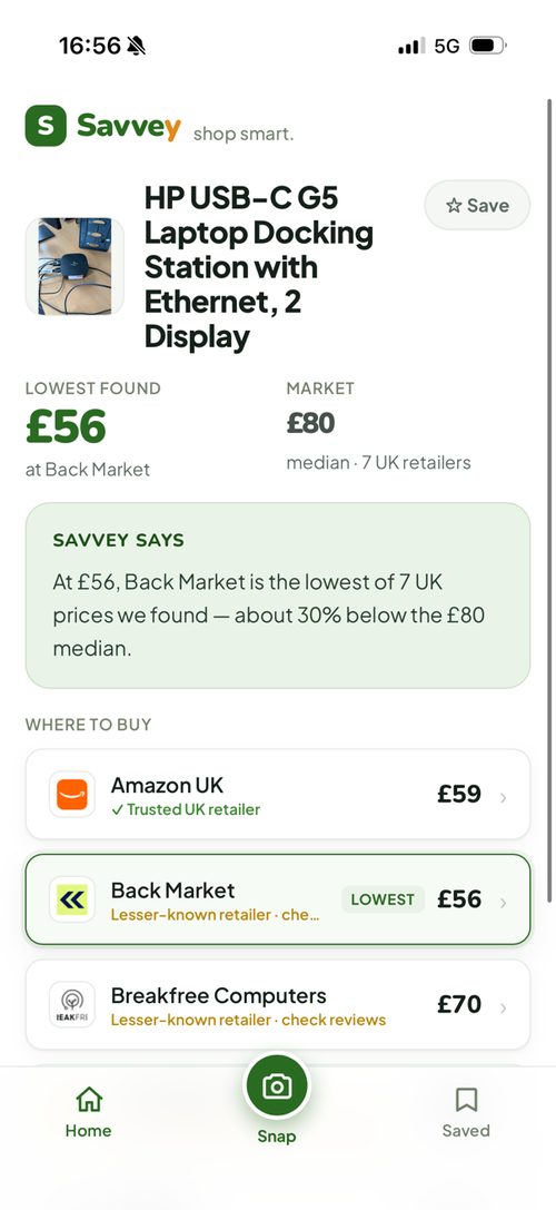 Savvey snap result — HP USB-C docking station, lowest £56